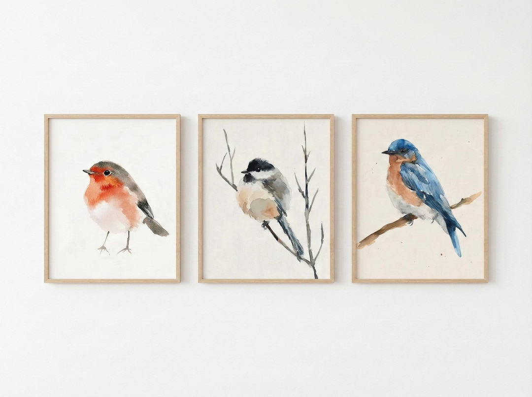 Watercolor Bird Prints Set of 3 Woodland Nursery Wall Art Robin
