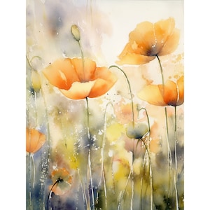 Orange Poppies Watercolor Painting Wildflowers Meadow Art Print Poppy Flowers Artwork Neutral Floral Artwork