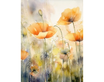 Orange Poppies Watercolor Painting Wildflowers Meadow Art Print Poppy Flowers Artwork Neutral Floral Artwork