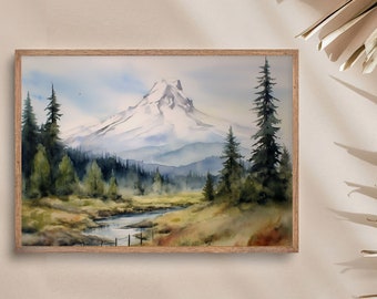 Mt Hood Painting National Park Watercolor Art Print Oregon