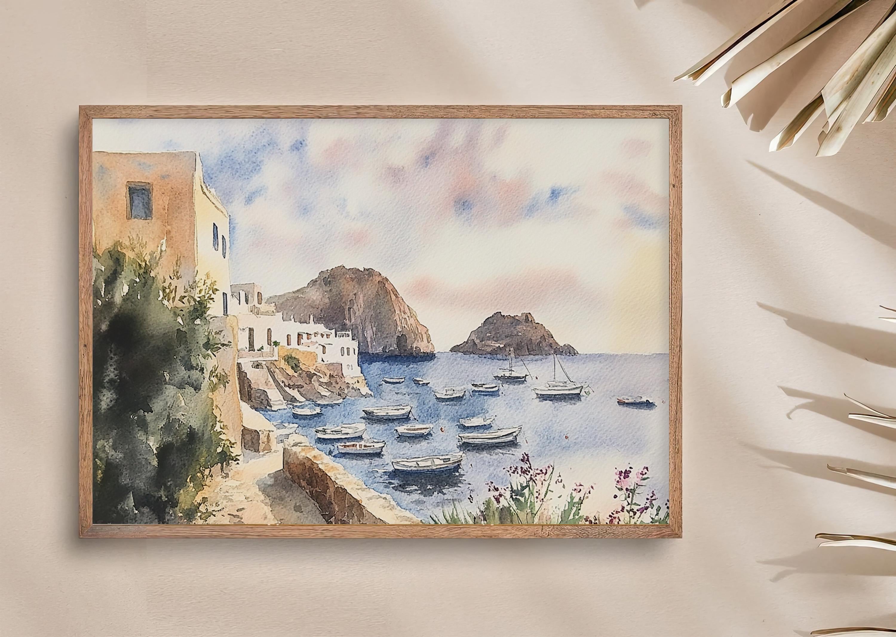 シチリア島の絵画 パナレア島の水彩画 アートプリント イタリア海岸の