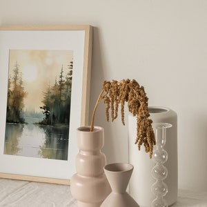 Sunrise Forest Lake Painting Neutral Brown Landscape Michigan Art Print ...
