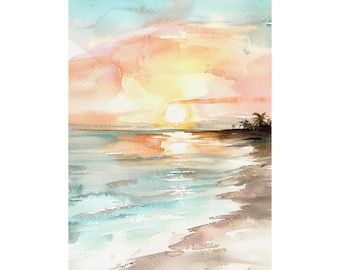 Pintura de playa Amanecer acuarela arte impresión paisaje marino pared arte playa paisaje impresión palmera obra de arte
