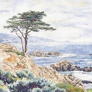 Monterey Painting Cypress Tree Watercolor Art Print California Coastline Wall Art Seascape Print Travel Poster Housewarming Gifts
