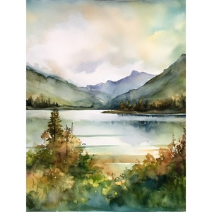 Misty Mountain Watercolor Lake Lure Autumn Landscape Wall Art Mountain Lake Prints Teal Forest Art Pine Tree Artwork
