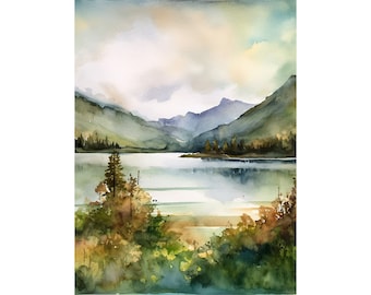 ペンドオレイル湖の絵画 アイダホ 水彩風景 松林 プリント 山 湖