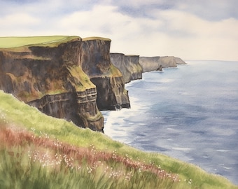 Cliffs of Moher Painting Ireland Watercolor Art Print Irish Coastal Wall Art Celtic Lands Artwork Seascape Poster