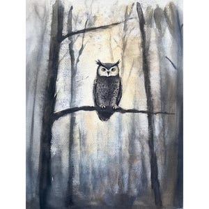 Owl Painting Bird Watercolor Art Print Wild Animal Wall Art Night Forest Poster Farmhouse Wall Decor