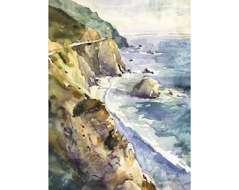 Big Sur Print California Coast Akwarela Art Print Podróż Ścienna Print Seascape Art California Coastline Artwork