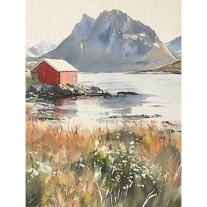 Norway Painting Bergen Watercolor Art Print Scandinavian Countryside Wall Art Mountain Lake Print