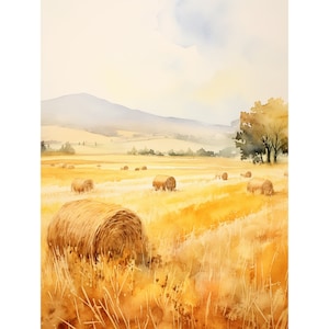 May include: A watercolor painting of a field of golden hay bales with a distant mountain range in the background. The sky is a light blue with white clouds.