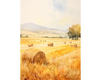 Haystacks Watercolor Painting Farmhouse Art Print Hay Field Landscape Wall Art Rustic Wall Decor