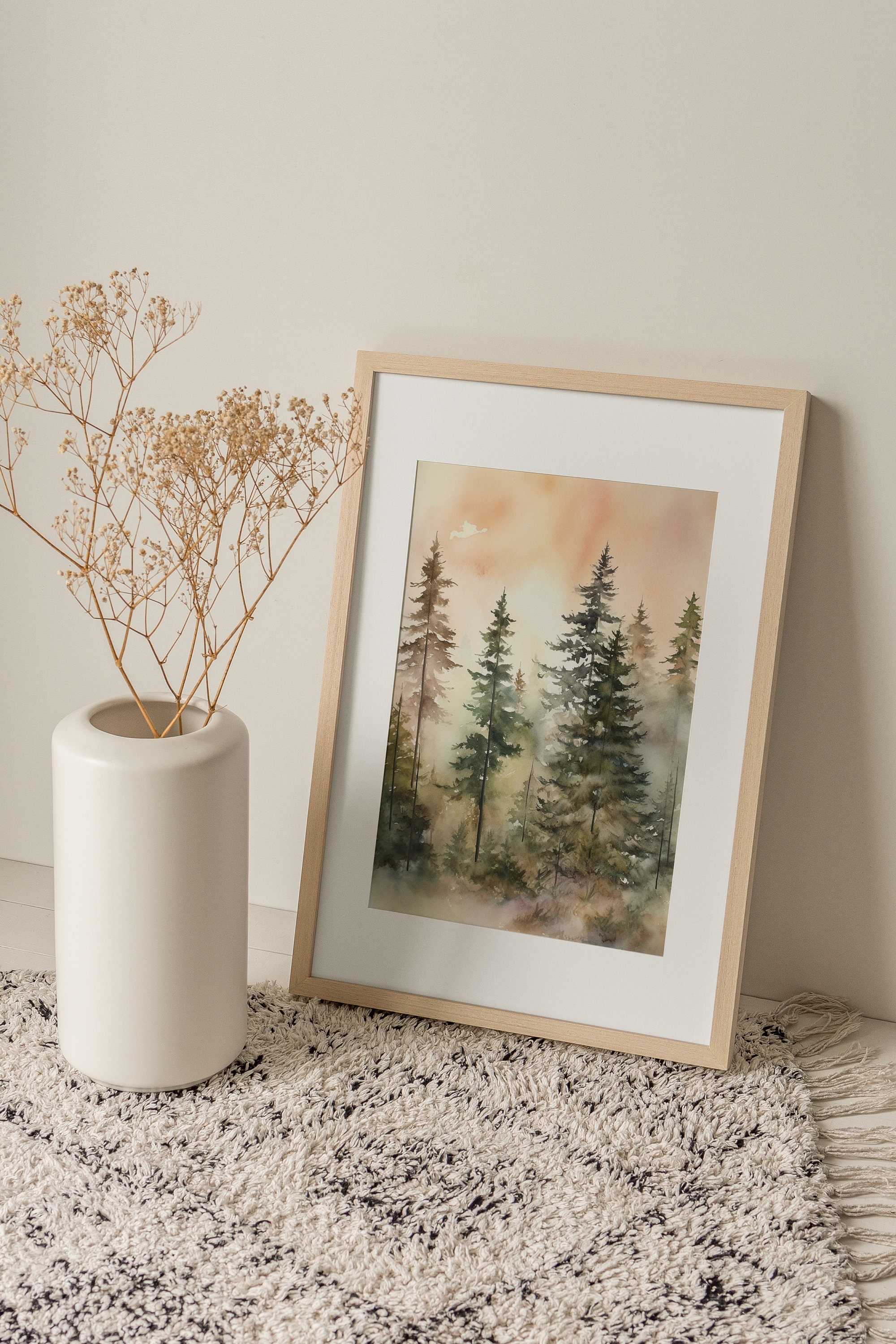 Pine Trees Watercolor Evergreen Art Print Foggy Forest Landscape Wall ...