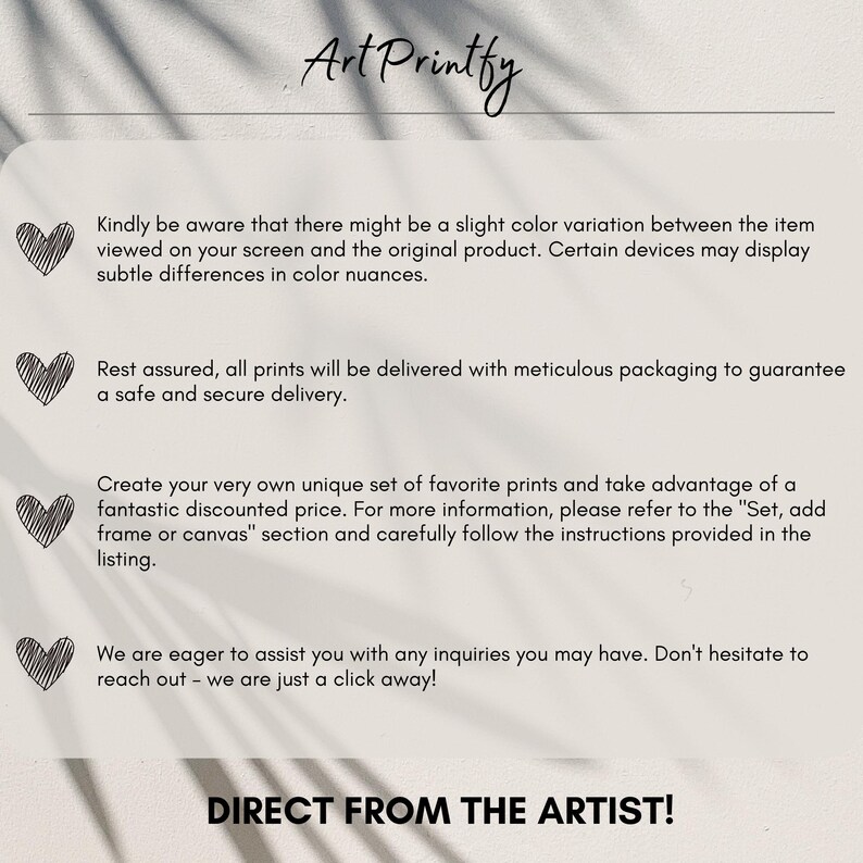 May include: Cream-colored promotional graphic with the text "Art Printfy" in a handwritten font. The text below details product information, including color variations, packaging, and how to order. The phrase "DIRECT FROM THE ARTIST!" is at the bottom.
