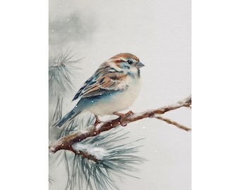 May include: Watercolor painting of a small bird perched on a snow-covered branch. The bird has brown, blue, and white feathers. The background is a soft, muted gray, with hints of pine needles and falling snow.
