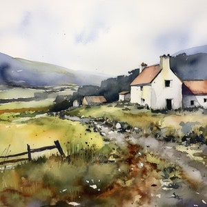 北ウェールズの絵画 イングランド アートプリント 農家の水彩画 アート 山の風景 ニュートラルポスター