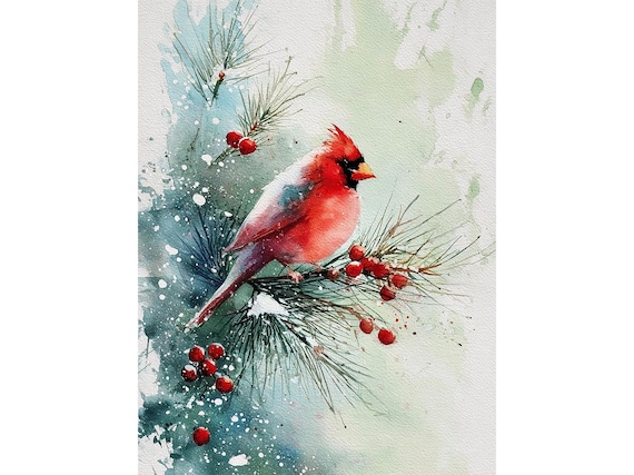 Cardinal Bird Watercolor Print Christmas Wall Art Red Bird Painting Winter Nature Decor Scandinavian Holiday Artwork Gift