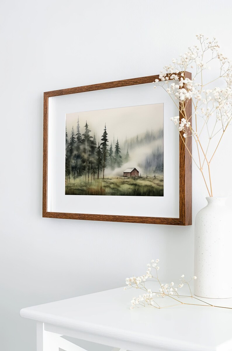 Cabin Painting Pine Forest Watercolor Art Print Idaho Landscape Large Log Cabin Wall Art image 7