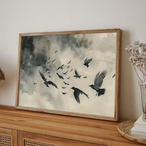 Raven Painting Bird Watercolor Art Print Stormy Grey Sky Wall Art Flying Crows Art Clouds Poster Flock Of Ravens Artwork image 4