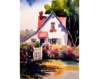 Rustic Cottage Painting Michigan Watercolor Art Print Farmhouse Wall Art Countryside Landscape Red Roof House Artwork Rose Garden Art