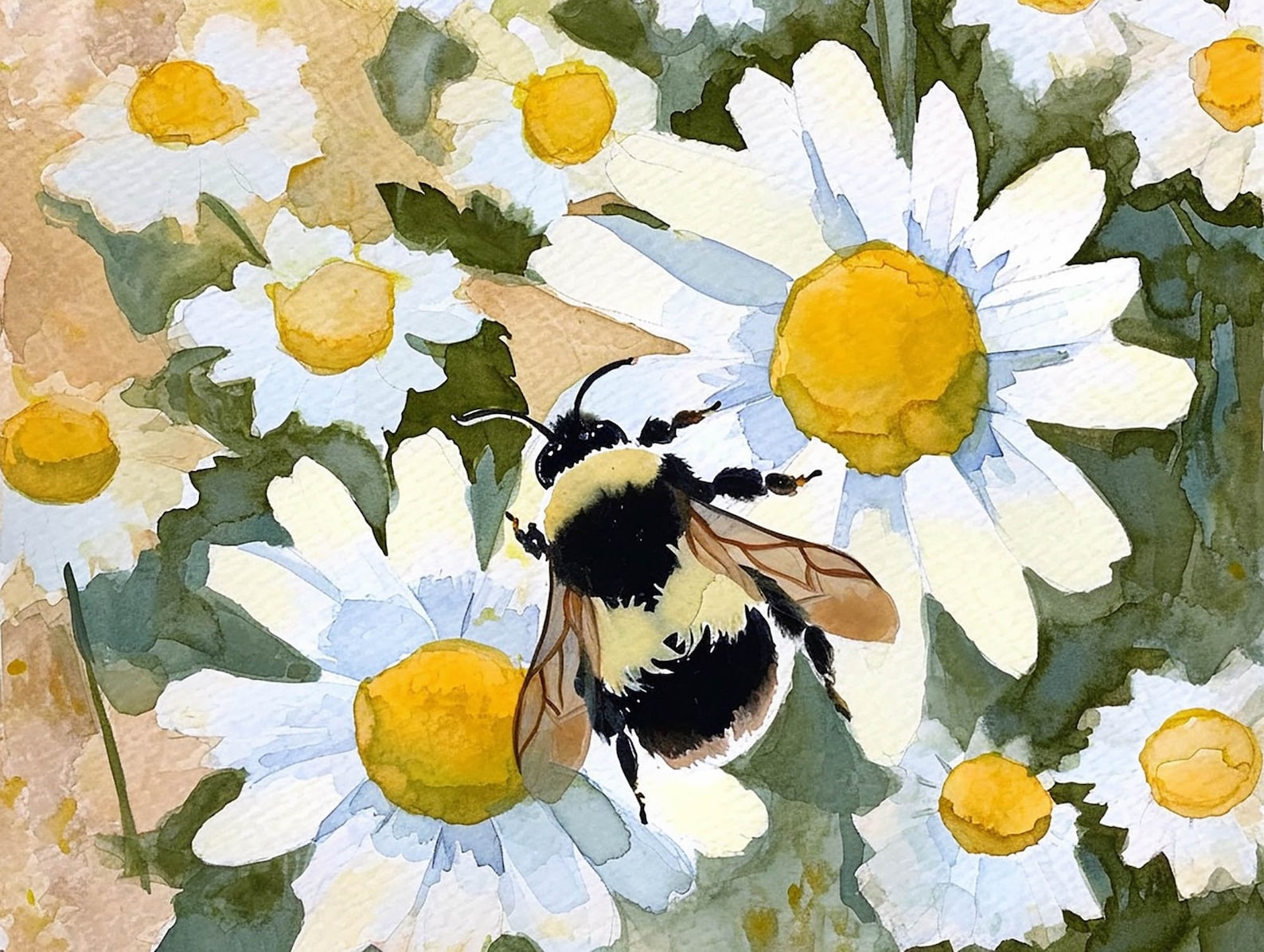 Bumble Bee Painting Daisy Watercolor Art Print Flower Meadow Wall Art ...