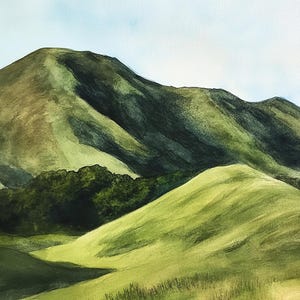 Rolling Green Hills Painting Northern California Watercolor Art Print Landscape Wall Art Housewarming Gifts