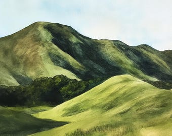 Rolling Green Hills Painting Northern California Watercolor Art Print Landscape Wall Art Housewarming Gifts