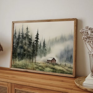 Cabin Painting Pine Forest Watercolor Art Print Idaho Landscape Large Log Cabin Wall Art image 2