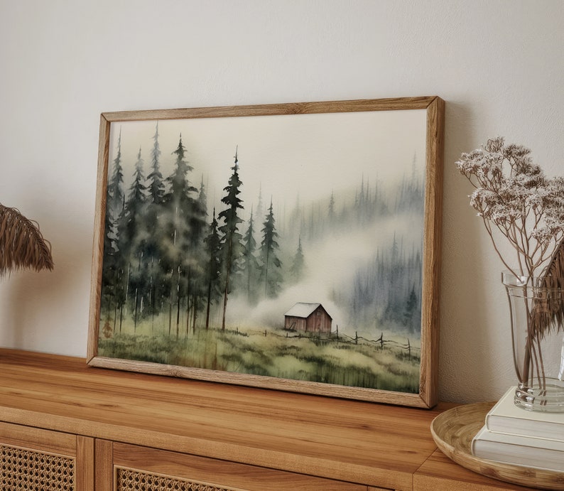 Cabin Painting Pine Forest Watercolor Art Print Idaho Landscape Large Log Cabin Wall Art image 2