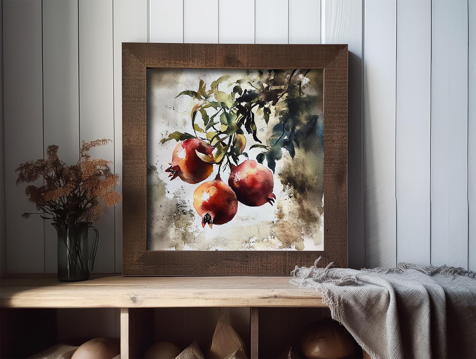 ザクロの絵画 フルーツ 水彩画 枝に実ったザクロ 壁アート 農家の