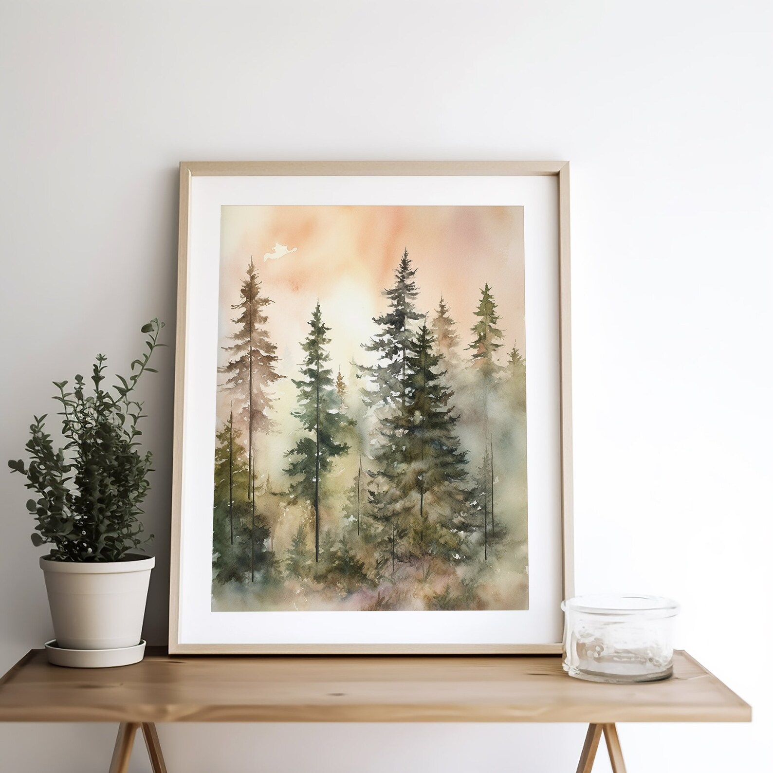 Pine Trees Watercolor Evergreen Art Print Foggy Forest Landscape Wall ...