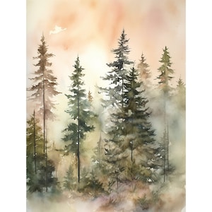 Pine Trees Aquarell Evergreen Kunstdruck Nebliger Wald Landschaft Wandkunst Misty Pines Poster