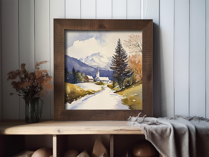 Stowe Painting Vermont Watercolor Art Print Winter Landscape Wall Art Snowy Road Art Snowfall Print