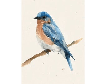 Eastern Blue Bird Painting Minimalist Watercolor Art Print Bird On Branch Wall Art Spring Wall Decor Farmhouse Art