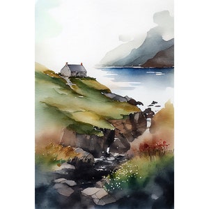 Pintura de Galloway, pintura de acuarela de Escocia, impresión artística de cabaña costera, arte de pared de paisaje escocés, póster de acantilado costero