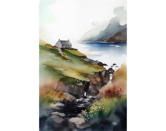 Galloway Painting Scotland Watercolor Painting Coastal Cottage Art Print Scottish Landscape Wall Art Seaside Cliff Poster
