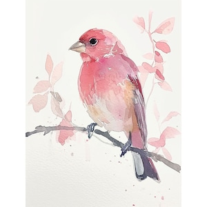Purple Finch Painting Minimalist Bird Watercolor Art Print Pink Nursery Wall Art Spring Wall Decor