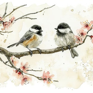 シカダイの絵画 カップルの鳥 水彩画 アートプリント 桜の壁アート 枝に止まる2羽の鳥 アート 春の壁飾り