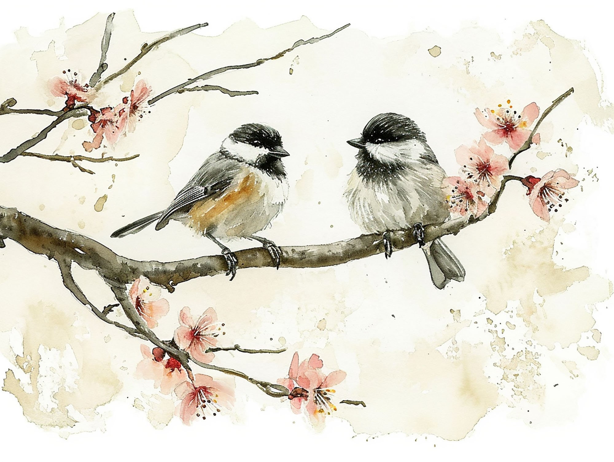 Chickadee Painting Couple Birds Watercolor Art Print Sakura Wall Art Two Birds On Branch Art Spring Wall Decor