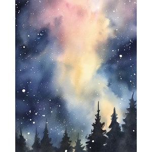 Sternennacht Aquarell Malerei Aurora Borealis Kunstdruck Kiefernwald Landschaft Galaxy Poster