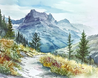 絵画 Evergreen Valley Green Mountains Painting Pine Forest Watercolor Art Print
