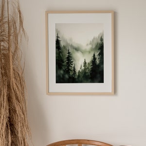Evergreen Forest Poster Foggy Pine Trees Watercolor Painting Misty ...