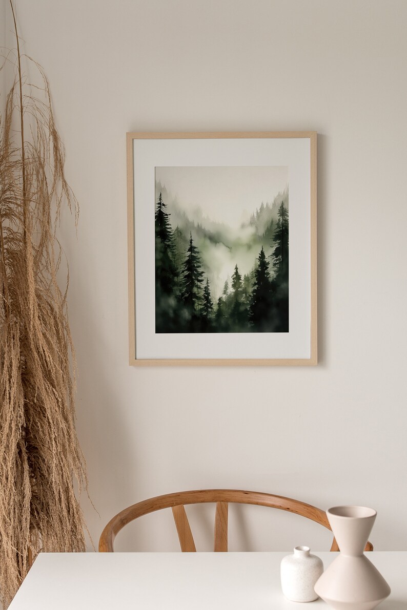 Evergreen Forest Poster Foggy Pine Trees Watercolor Painting Misty ...