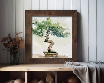盆栽の木の絵画 盆栽水彩画 緑の木の壁アート ジクレープリント 植物