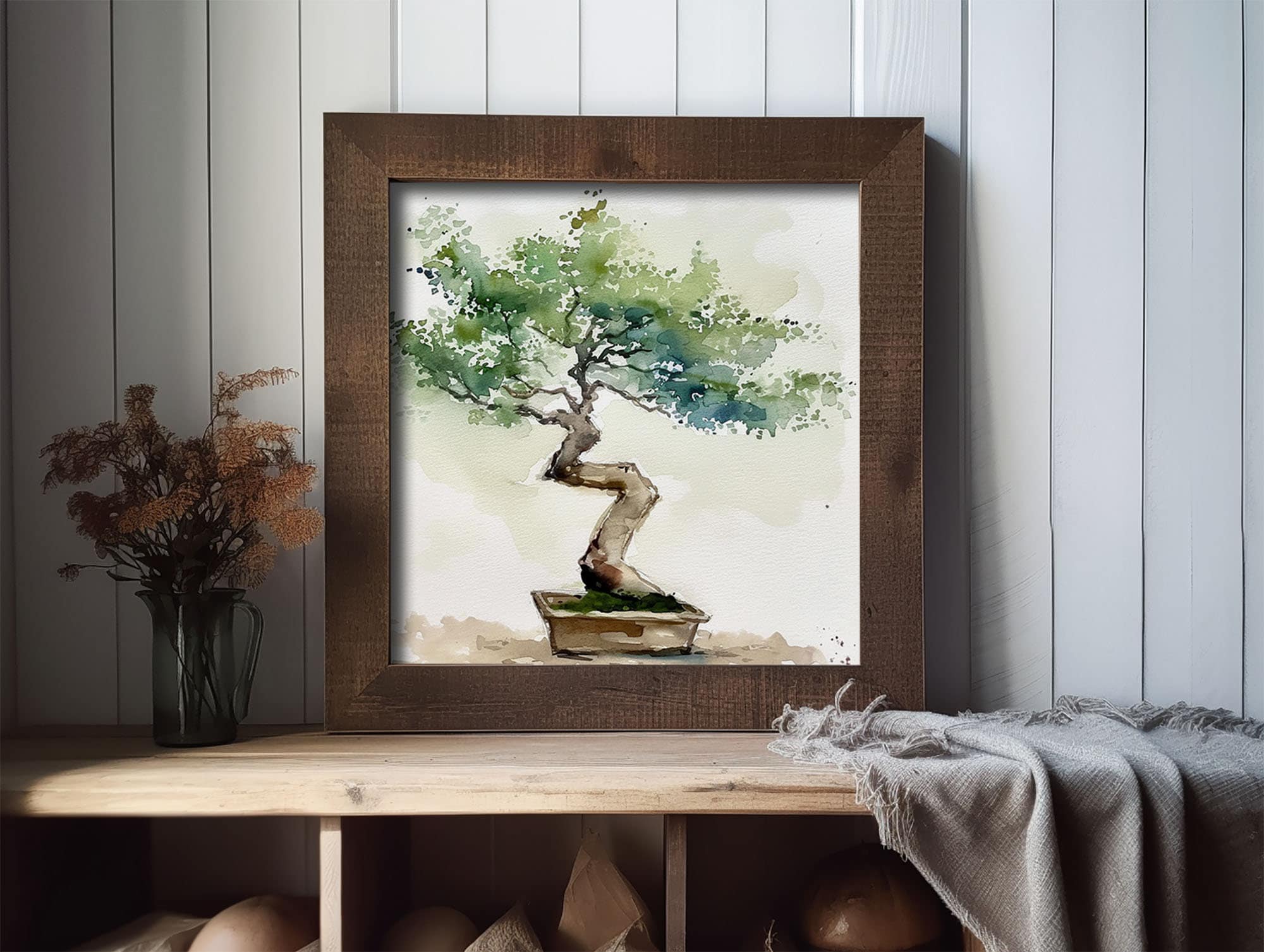 盆栽の木の絵画 盆栽水彩画 緑の木の壁アート ジクレープリント 植物