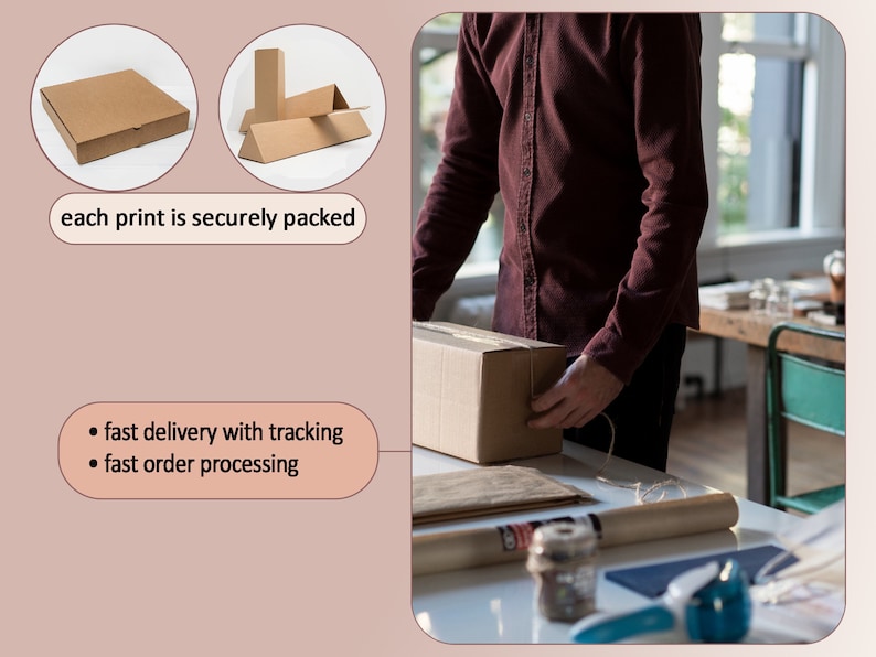 May include: A person carefully packages a brown cardboard box with twine. The box is on a table with other packaging materials, including brown paper and a tape dispenser. The text "each print is securely packed" is visible in the image.