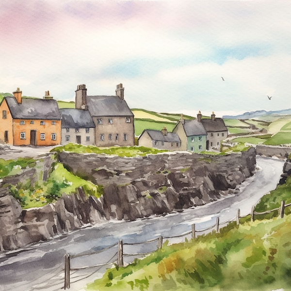 Doolin Painting County Clare Wall Art Irish Village Print Ireland Landscape Watercolor Countryside Art Print