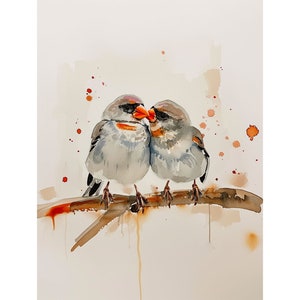 Zebra Finch Painting Kissing Birds Watercolor Art Print Two Birds On Branch Wall Art Valentine Gifts Nature Wall Decor