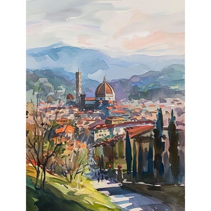 Puede incluir: Pintura a la acuarela de un paisaje urbano con un gran edificio abovedado y un alto campanario. Los tejados son rojos y el cielo es una mezcla de azul y rosa. Hay árboles verdes y colinas en el fondo.