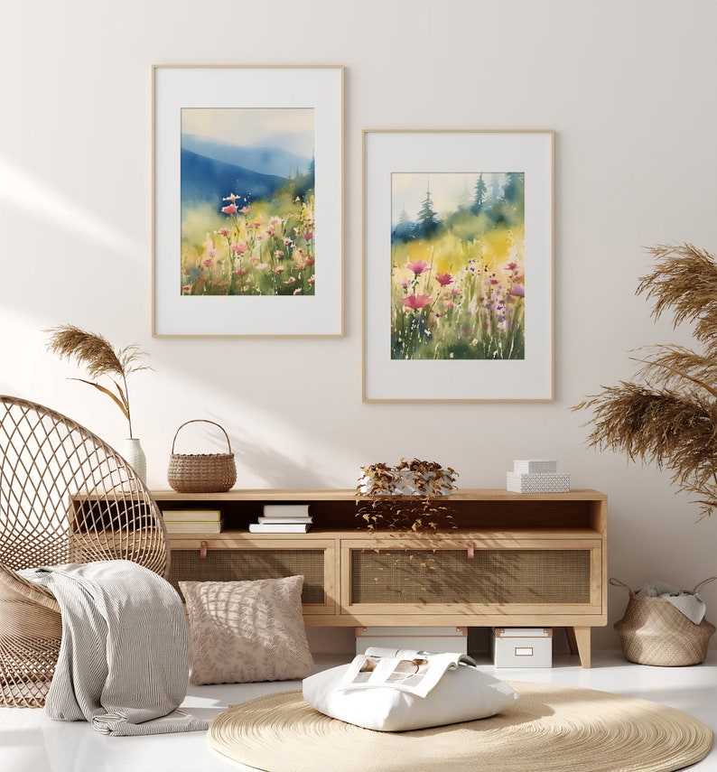 Large Floral Wall Art Set Of 2 Pink Idaho Wildflowers Landscape Watercolor Mountain Forest Art Meadow Flowers Field Prints Set image 5